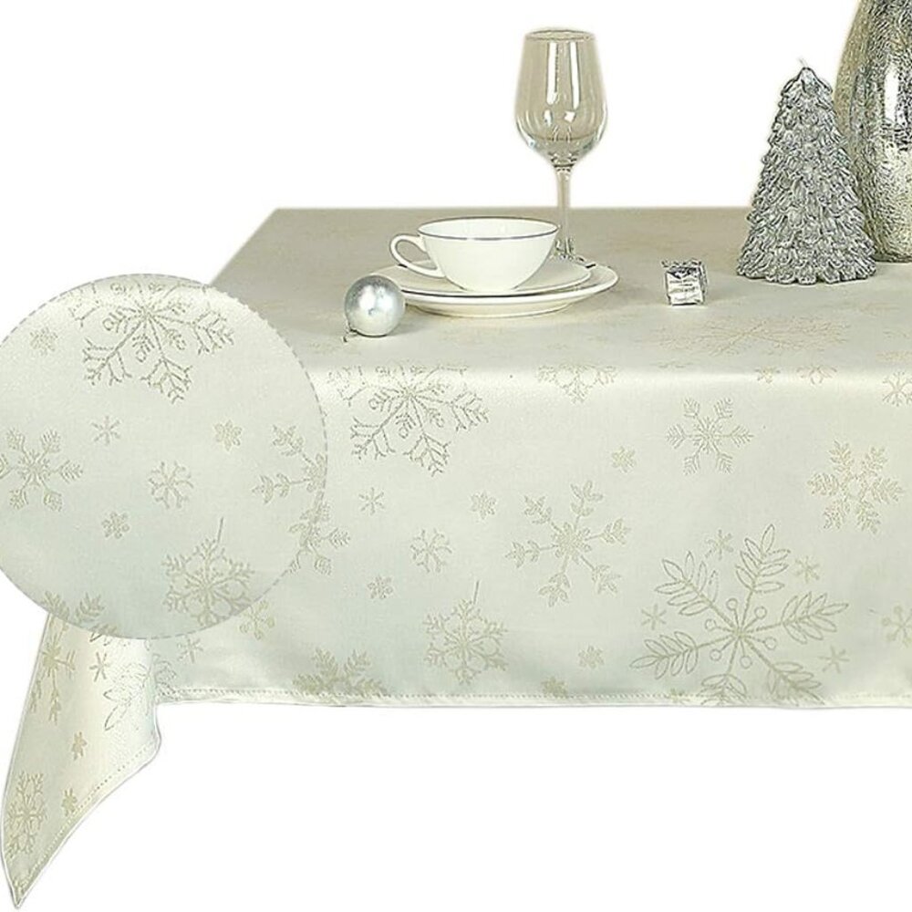 EUC LAVIN Gold Shimmer Snowflake Christmas Winter Tablecloth 104x60